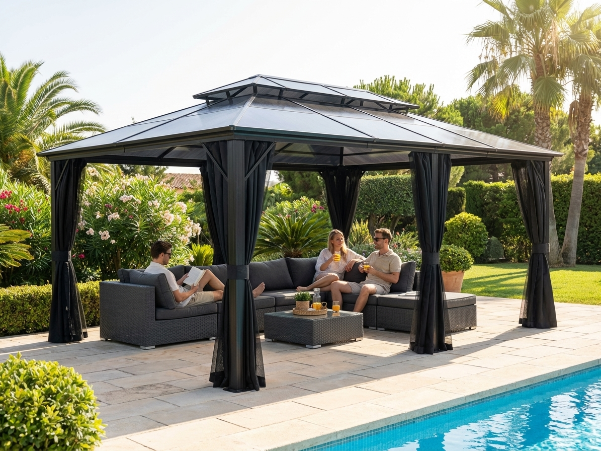 Elegant black gazebo with curtains and mosquito net - product detail