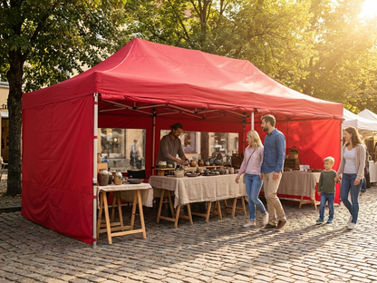 Red pop-up gazebo with steel frame and sidewalls for outdoor events - product detail
