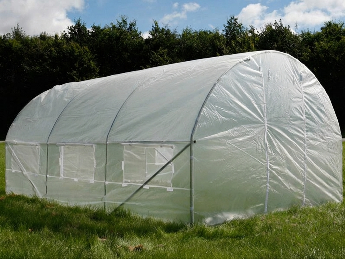Transparent polytunnel greenhouse with galvanised steel frame