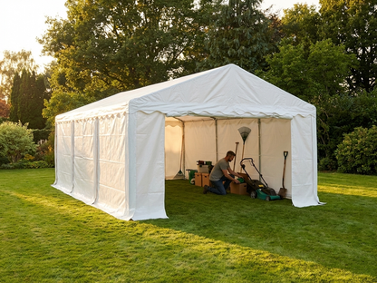 White storage tent 4x10 m, polyethylene and steel, outdoor use