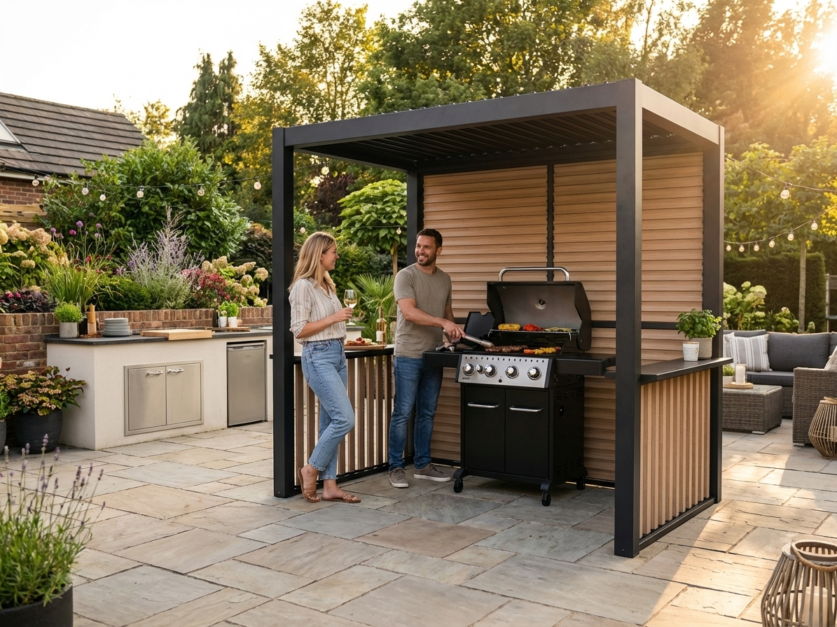 Elegant pergola with black and wood finish, ideal for outdoor BBQs - view 3