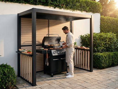 Elegant pergola with black and wood finish, ideal for outdoor BBQs