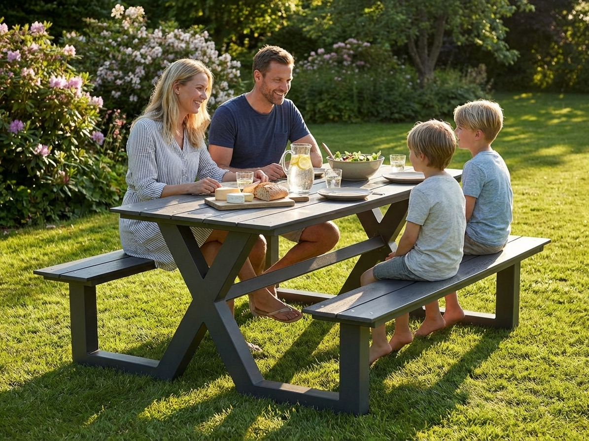 Nonwood picnic table in black with aluminium frame for outdoor use - product detail