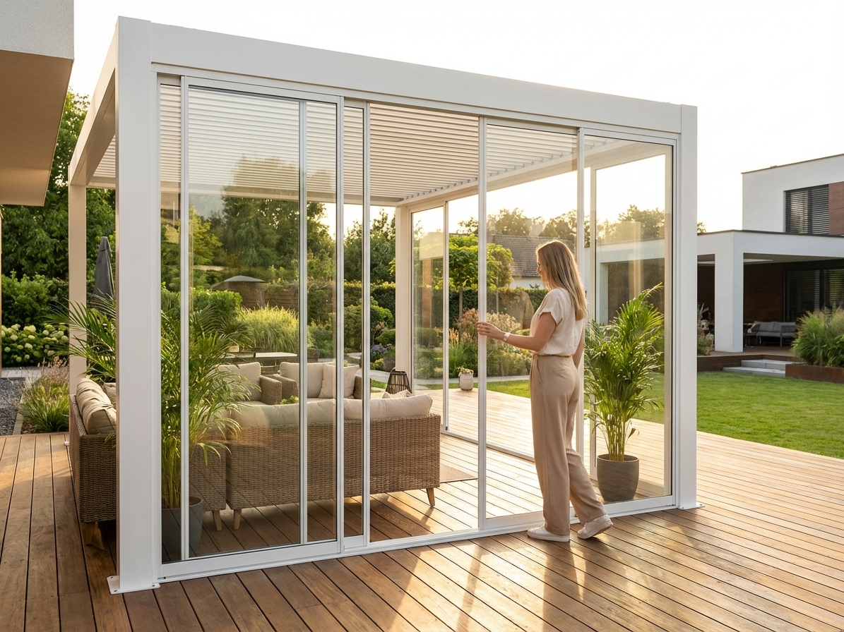 Sliding door set for pergola in white tempered glass - view 3