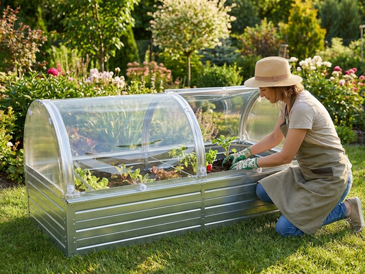 Raised garden bed with arched PVC cover in silver