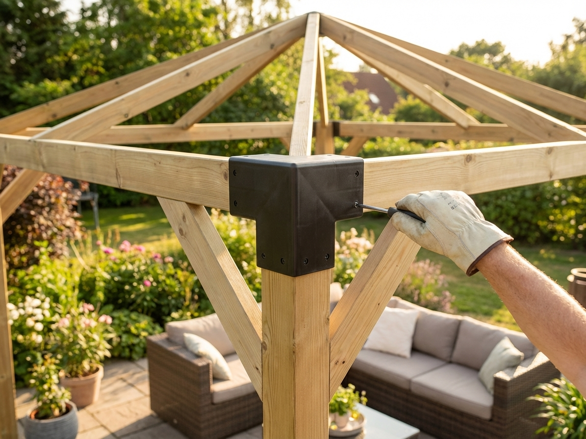 Black corner leg top fitting made of plastic for indoor and outdoor use