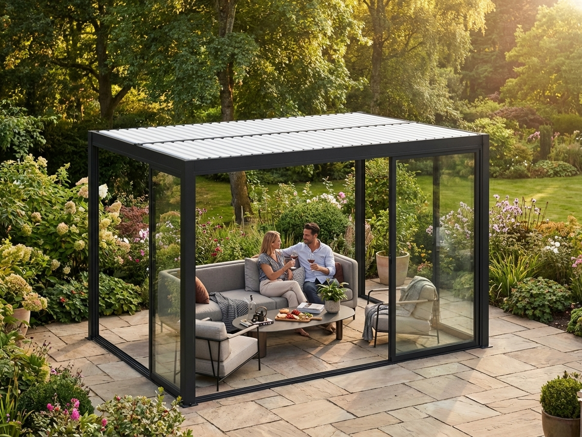 Bioclimatic pergola gazebo in black and white with aluminium and glass - view 3