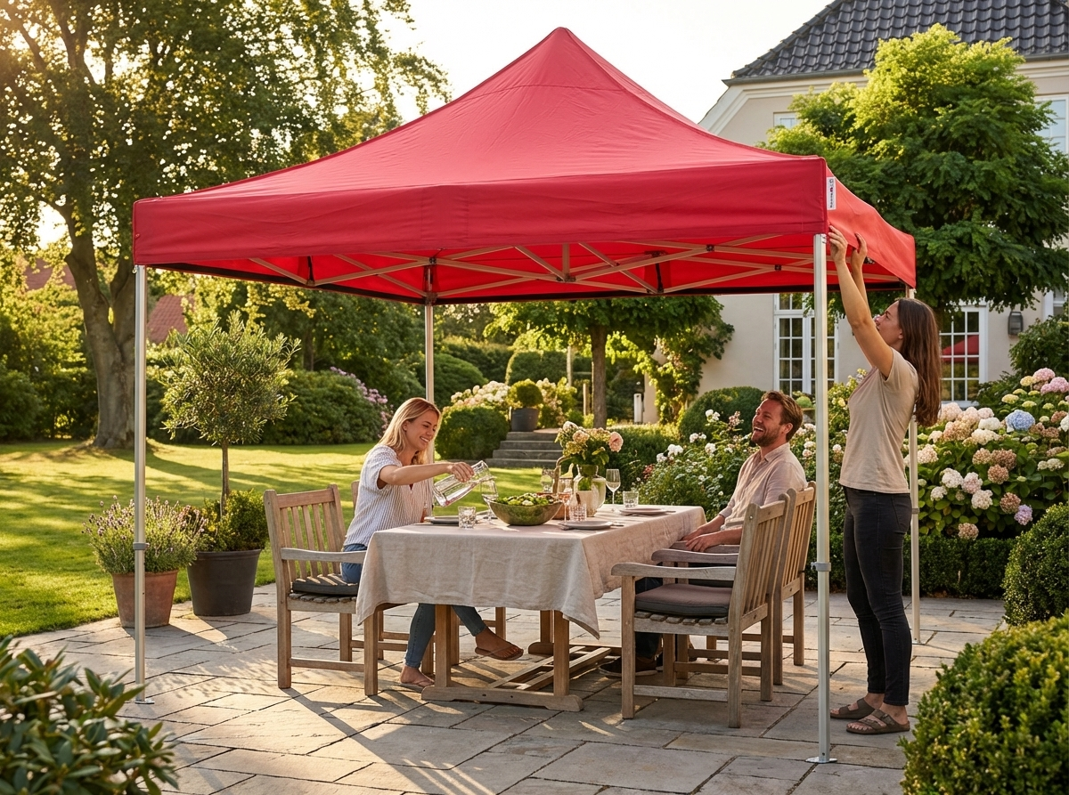 Pop up gazebo with red canopy and steel frame for outdoor events - view 3