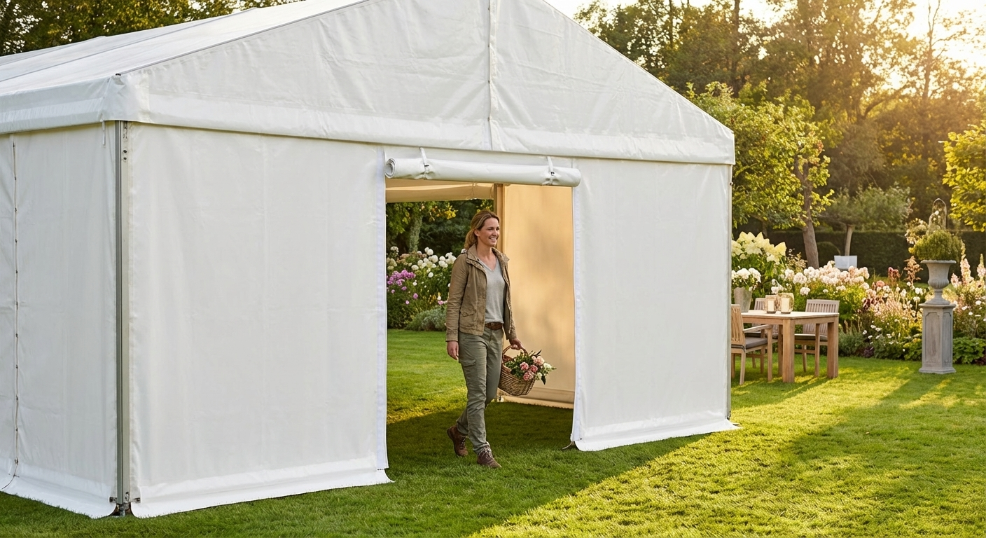White PVC endwall with wide door, 6 m width for versatile use - product detail
