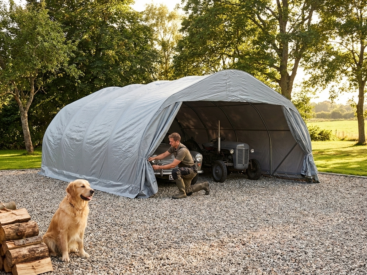 Portable double garage made of PVC in grey, suitable for industrial use - product detail