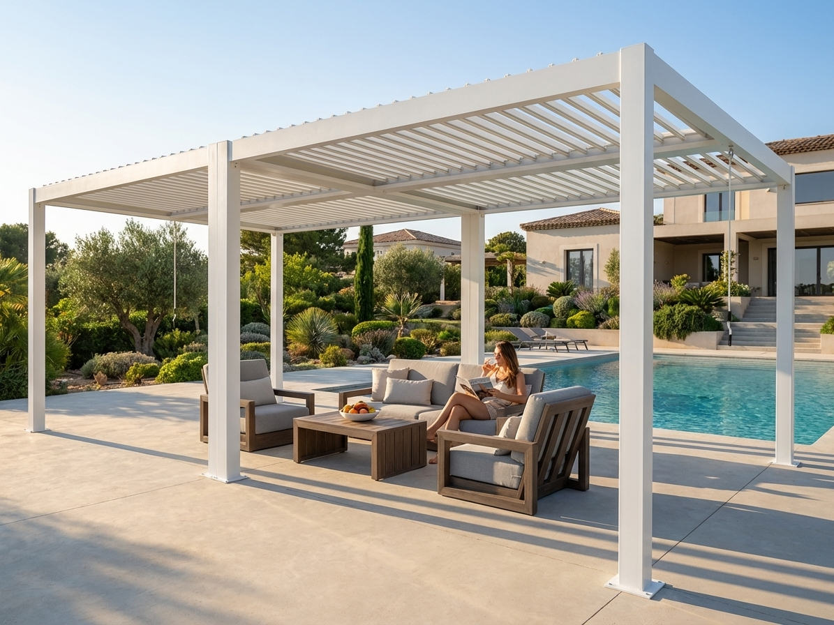 Bioclimatic pergola gazebo in white, aluminium construction, 4x4m - product detail