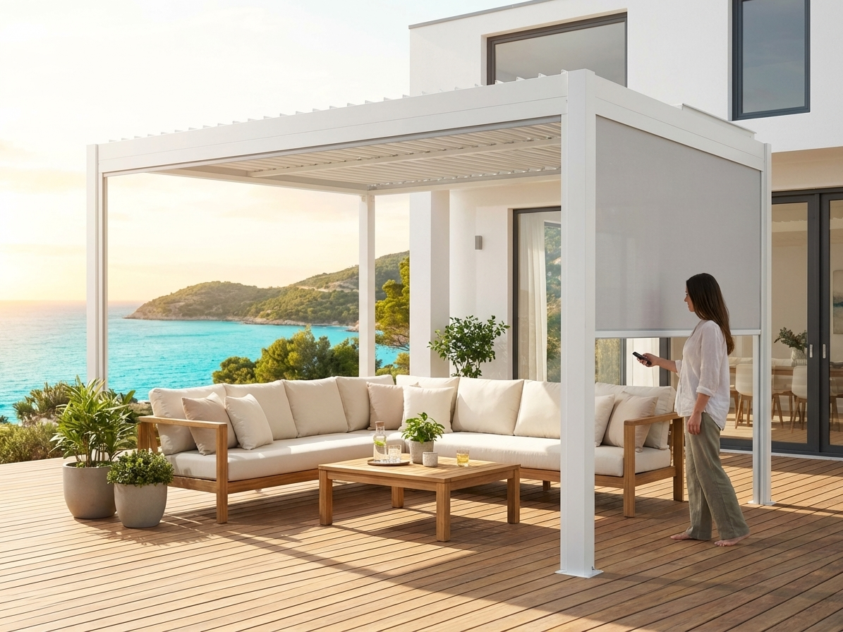 Electric sidewall screen for pergola in white and light grey