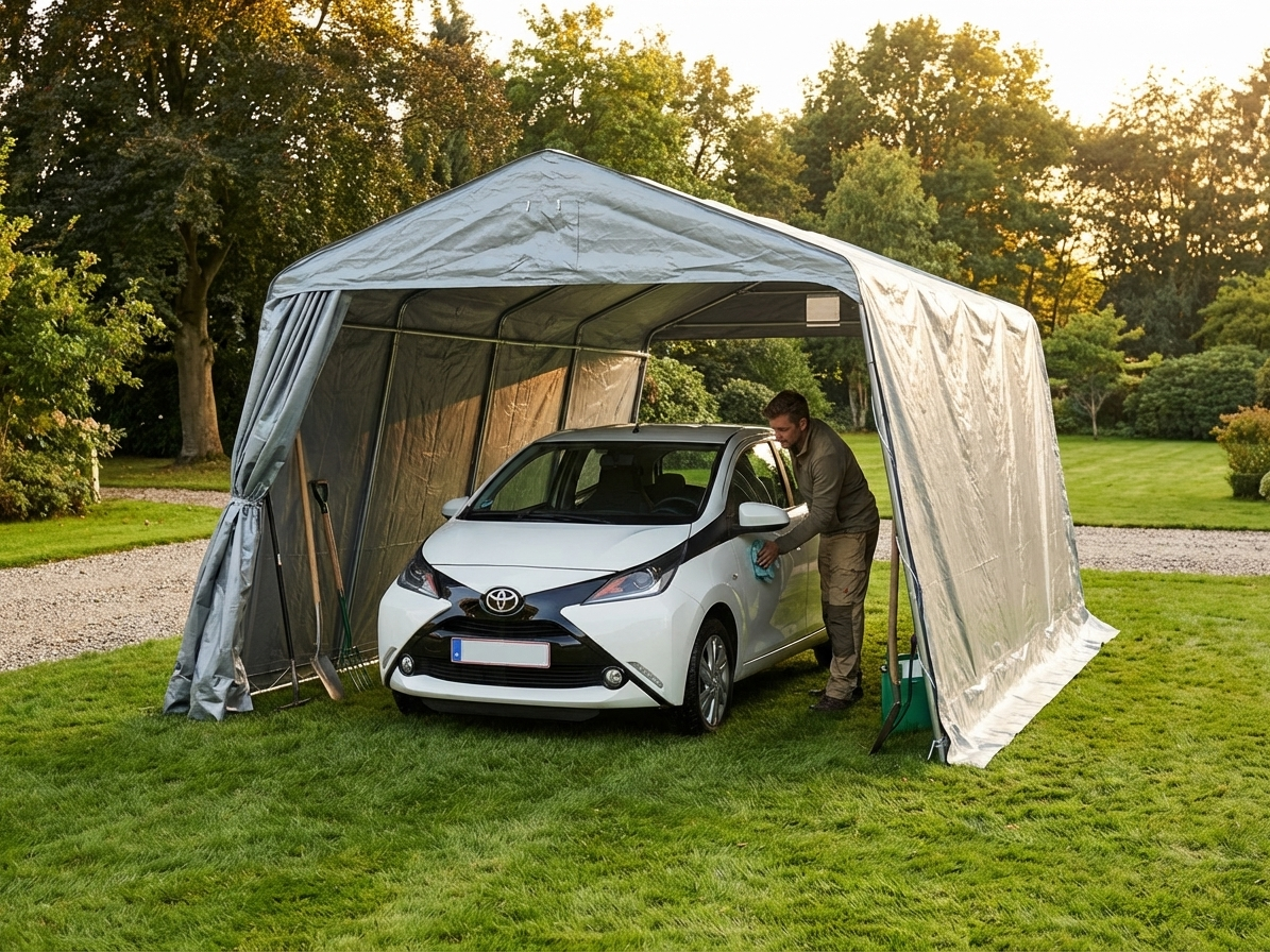 Portable grey garage made of PE tarpaulin for outdoor storage - product detail