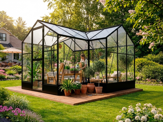 Black aluminium greenhouse with polycarbonate and glass