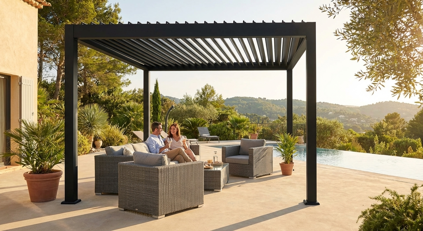 Bioclimatic gazebo in black, 3x3m, made from durable aluminium - view 3