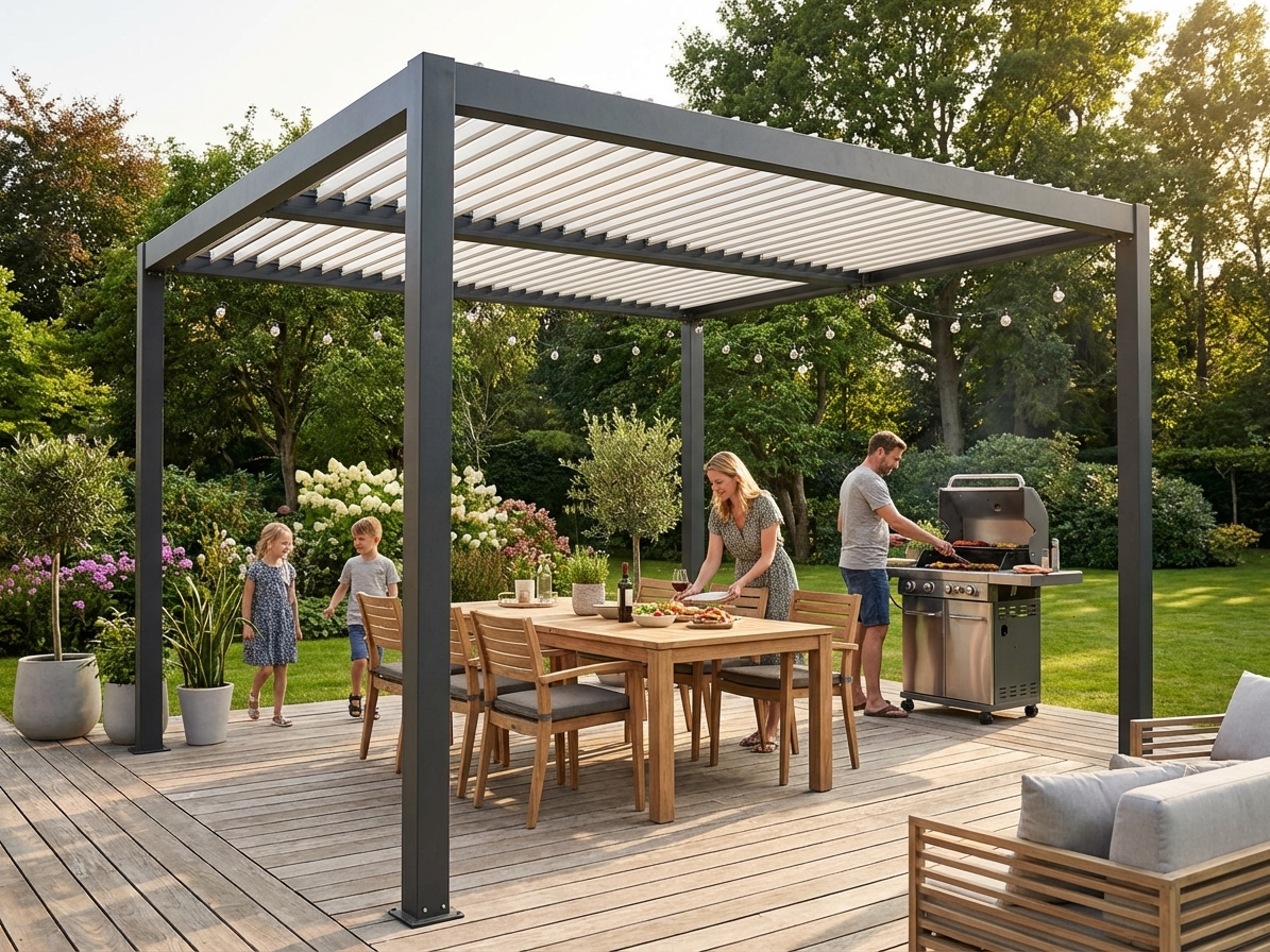 Bioclimatic pergola gazebo in black and white, 4x4 m, aluminium construction
