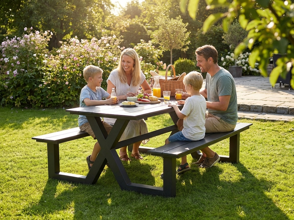 Nonwood picnic table in black with aluminium frame for outdoor use