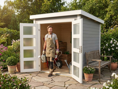 Wooden shed in light grey made from Nordic Spruce for garden storage