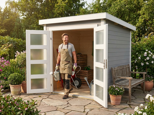 Wooden shed in light grey made from Nordic Spruce for garden storage