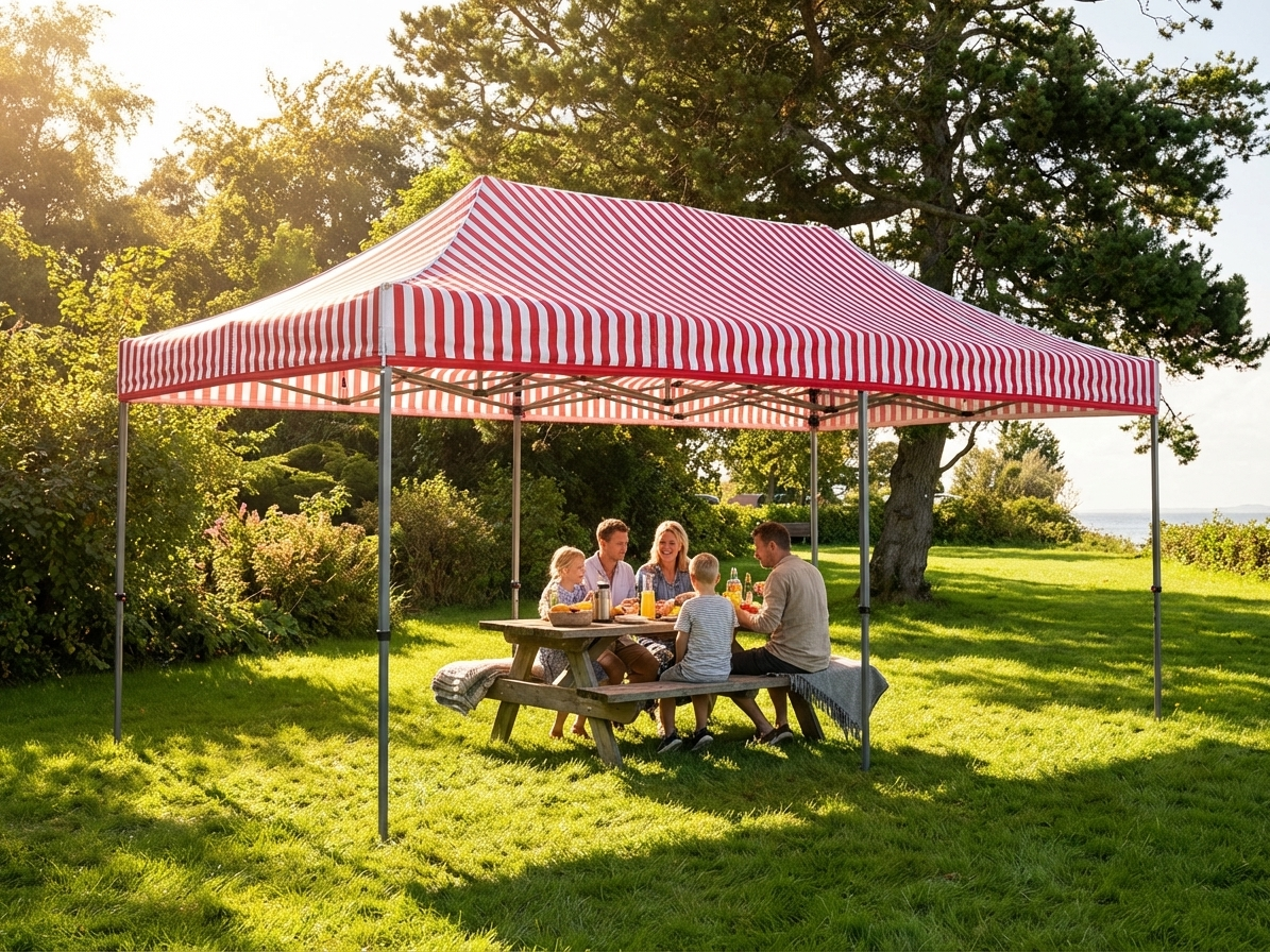 Pop up gazebo with steel frame, white and red canopy