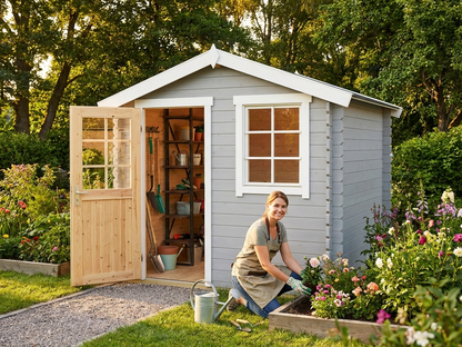 Light grey wooden shed made from Nordic Spruce for outdoor storage - product detail