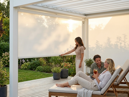 White pergola gazebo sidewall screen for outdoor privacy - view 3