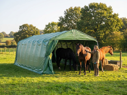 Green livestock shelter made of PVC and galvanised steel for outdoor use - product detail