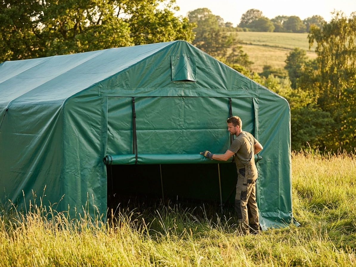 Green PVC end wall for storage shelter, fire and UV resistant