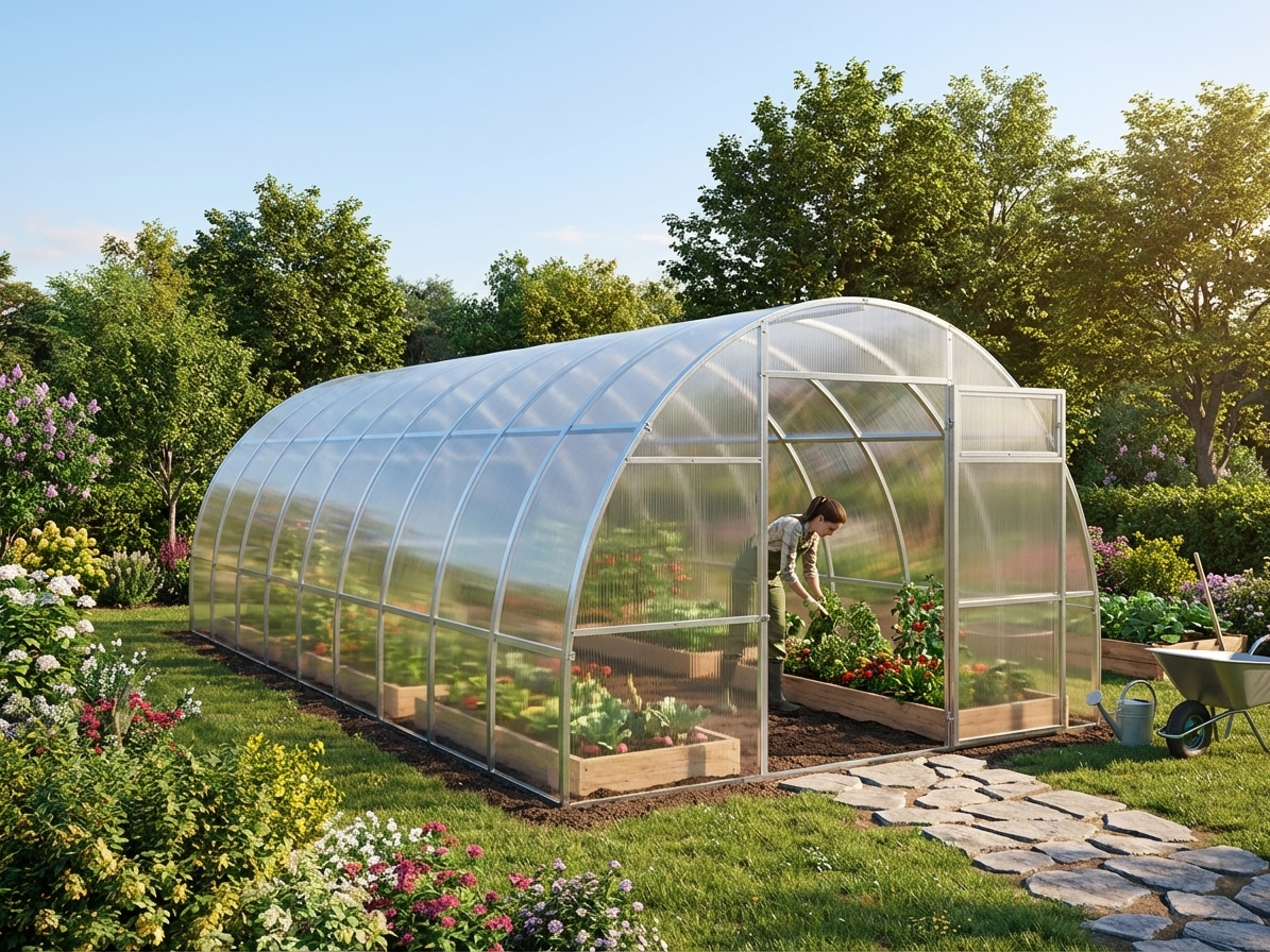 Silver greenhouse with polycarbonate panels, suitable for domestic use