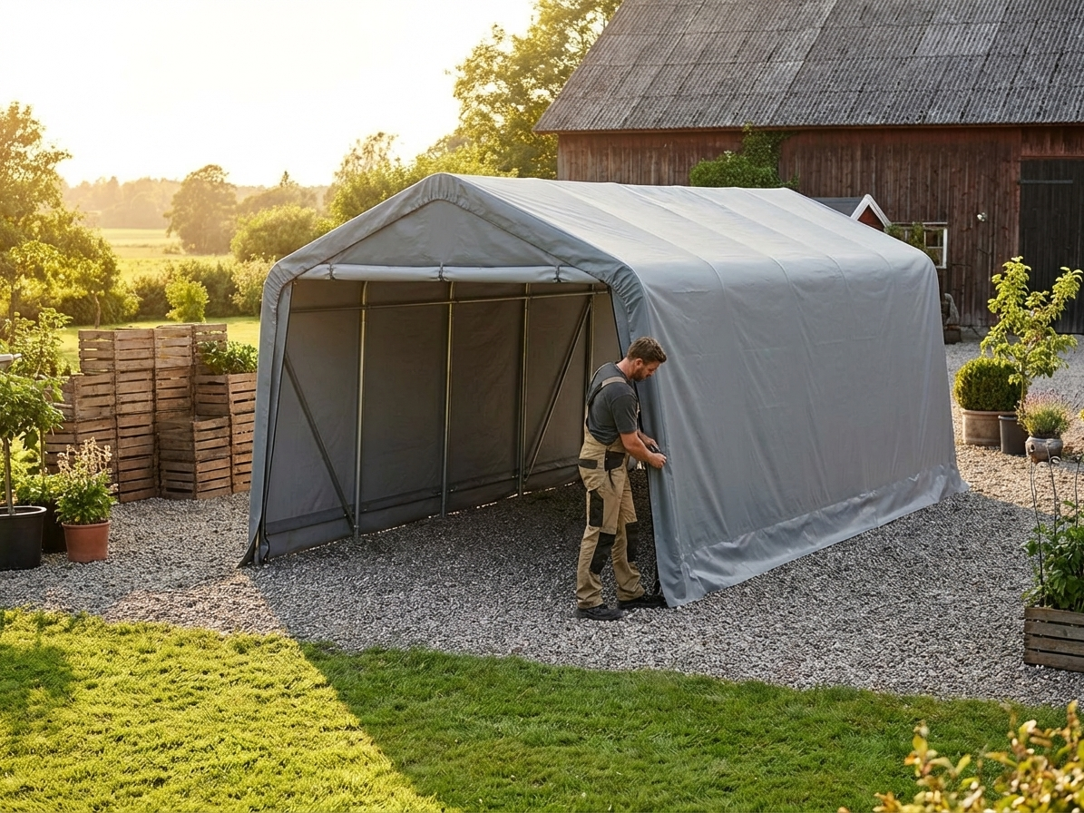 Grey polyethylene roof cover for a 5x8 m storage shelter - view 3