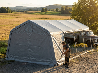 Portable garage roof cover in grey PVC for outdoor use