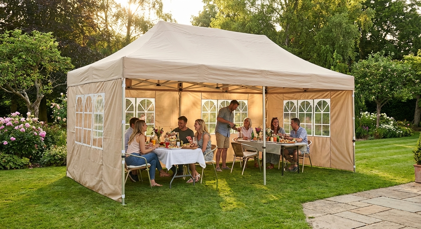 Pop up gazebo in latte colour with steel frame for outdoor events