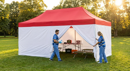 Red and white pop-up gazebo with aluminium frame for medical use - view 3