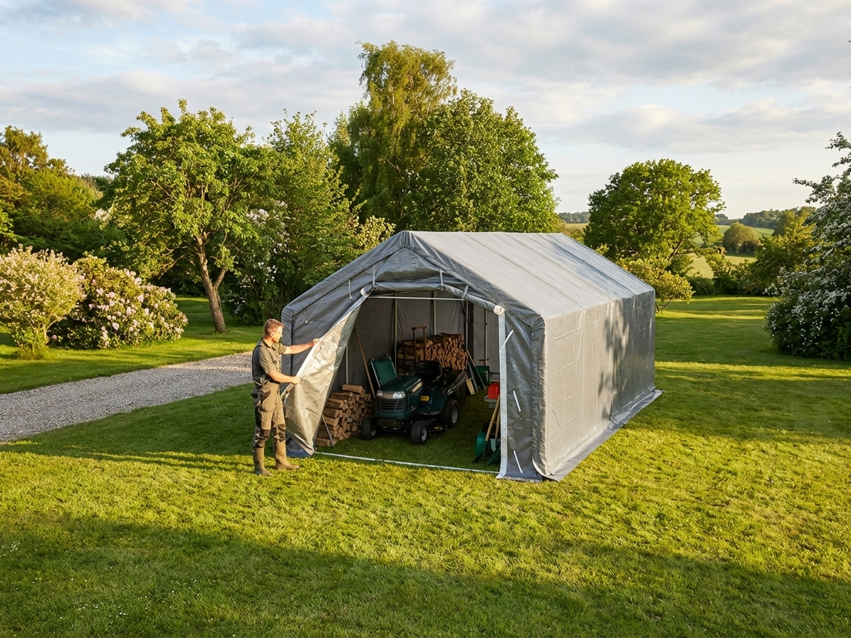Grey storage shelter 4x8 m with PE tarpaulin and steel frame - product detail