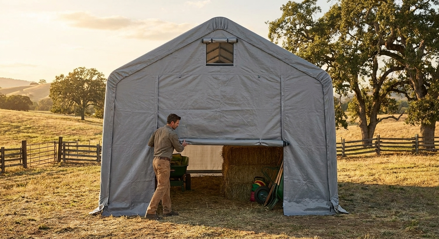 Grey polyethylene storage shelter end wall 4x10 m - view 3