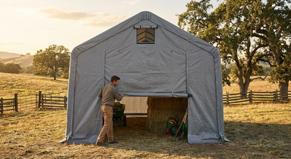 Grey polyethylene storage shelter end wall 4x10 m - view 3