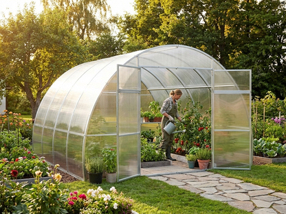 Polycarbonate greenhouse in silver with galvanized steel frame