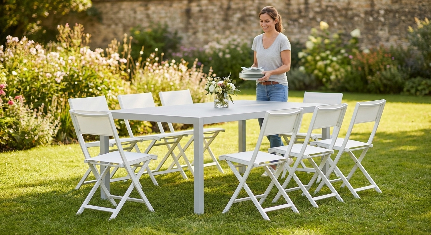 Folding table and chairs set with steel frame, light grey and white - view 3