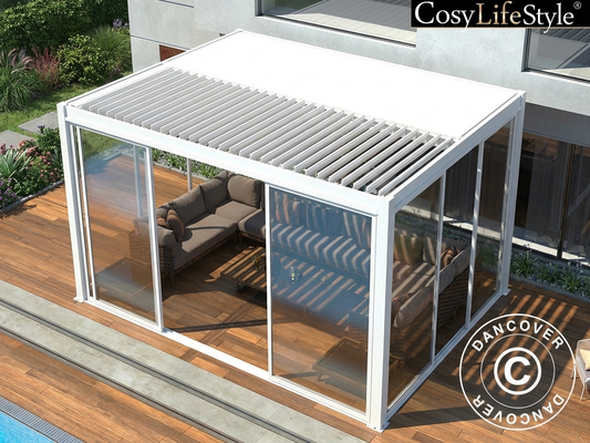 Sliding door set for pergola in white tempered glass