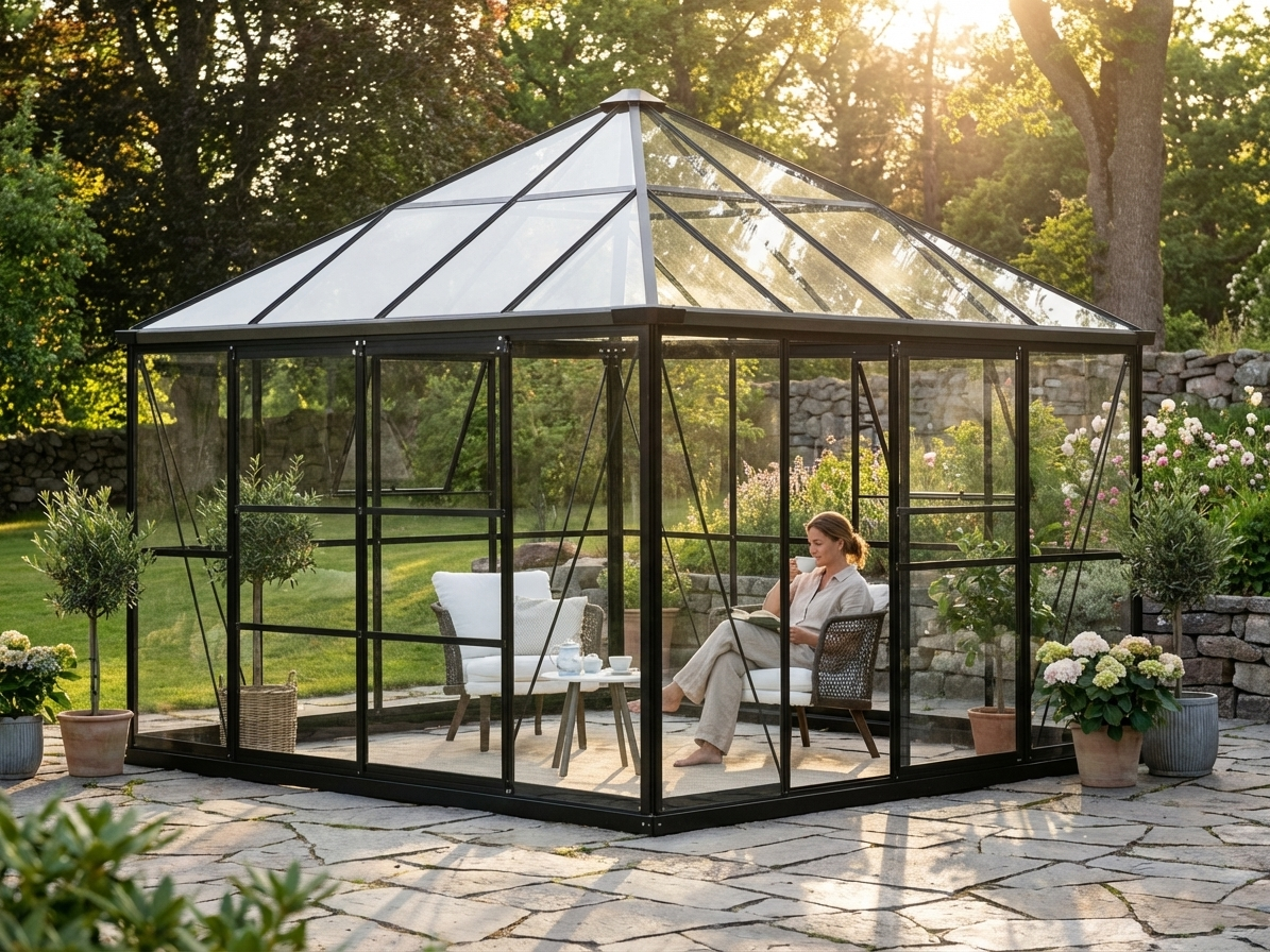 Black gazebo glass orangery with aluminium frame for outdoor shelter - view 3