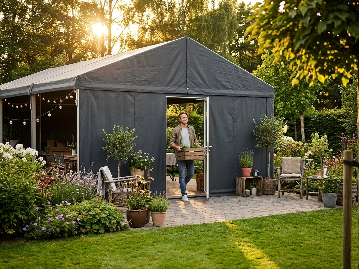 Dark grey PVC endwall with narrow door for outdoor use - product detail