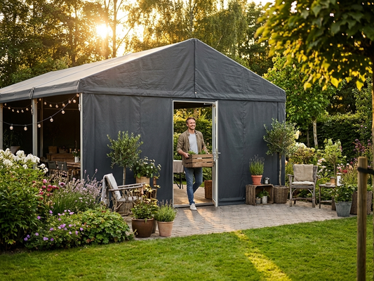 Dark grey PVC endwall with narrow door for outdoor use - product detail