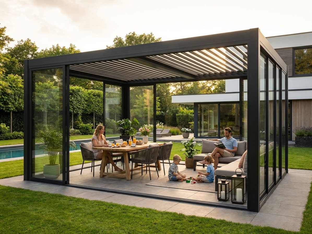 Black aluminium pergola gazebo with sliding glass doors - view 3