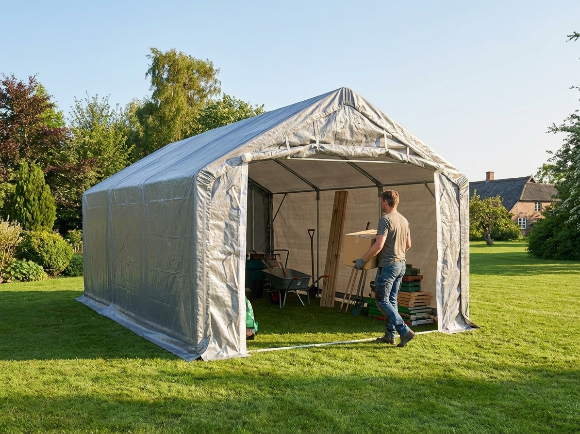 Grey storage shelter 4x8m with polyethylene tarpaulin - product detail