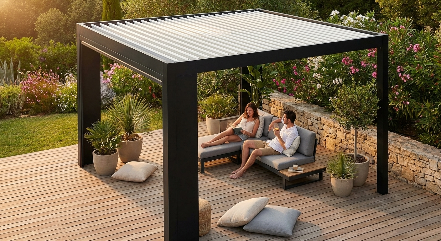 Bioclimatic pergola gazebo in black and white, 4x4 m, aluminium construction - view 3