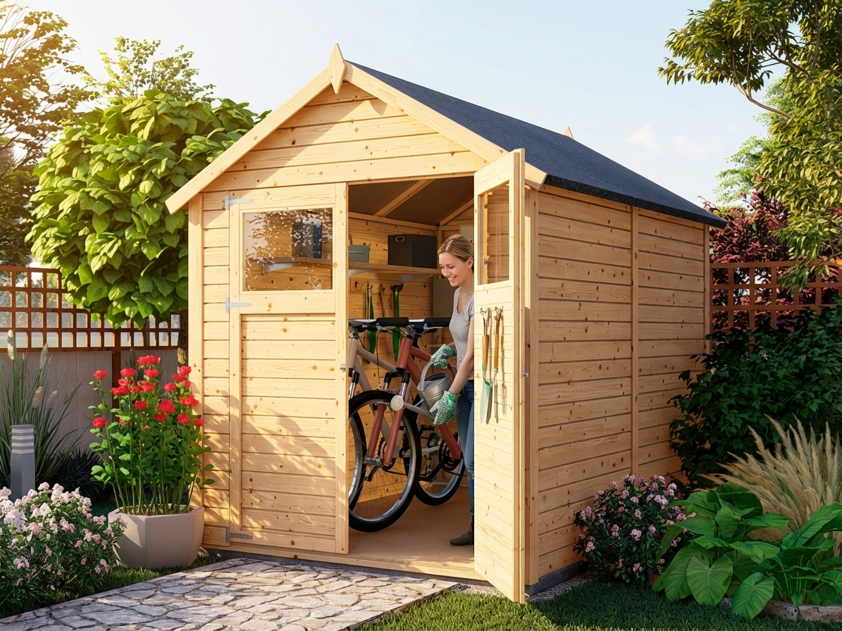 Wooden garden shed in natural Nordic Spruce