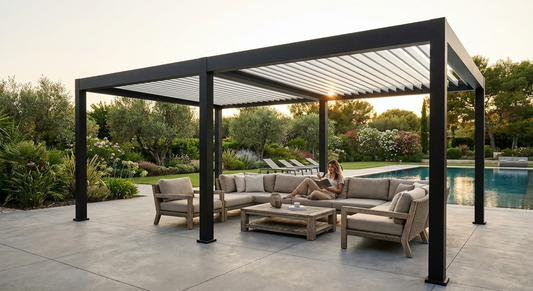 Bioclimatic pergola gazebo in black and white with aluminium frame - view 3