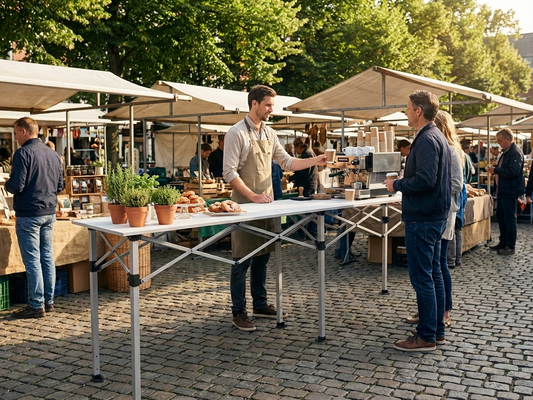 White folding counter made from PVC and aluminium, suitable for events