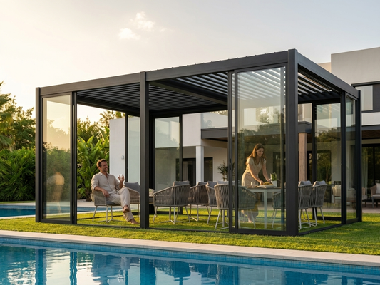 Aluminium pergola gazebo with tempered glass, 3x5.8m, black