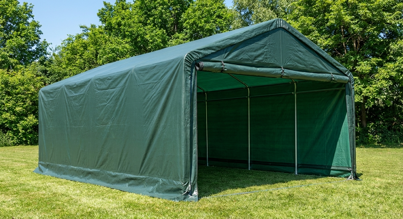 Green portable garage made of PVC and steel for outdoor storage